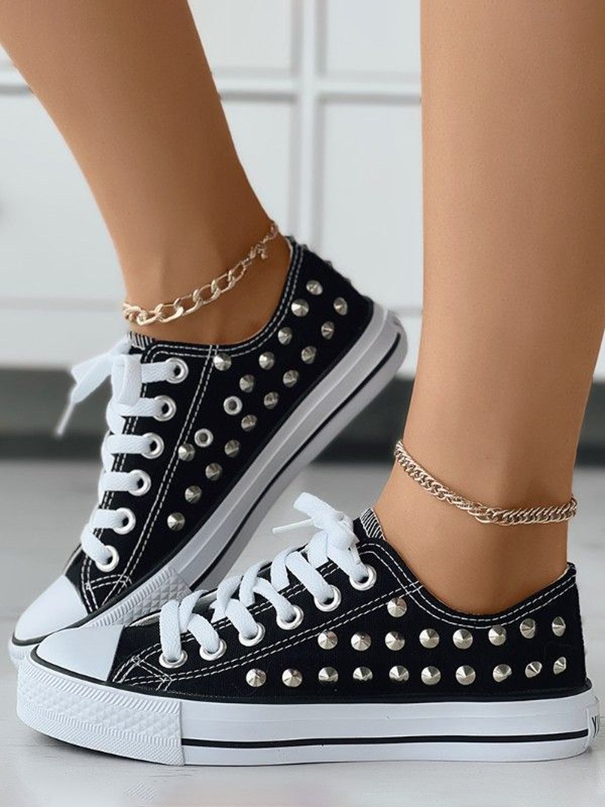 Rhinestone Lace-up Canvas Sneakers