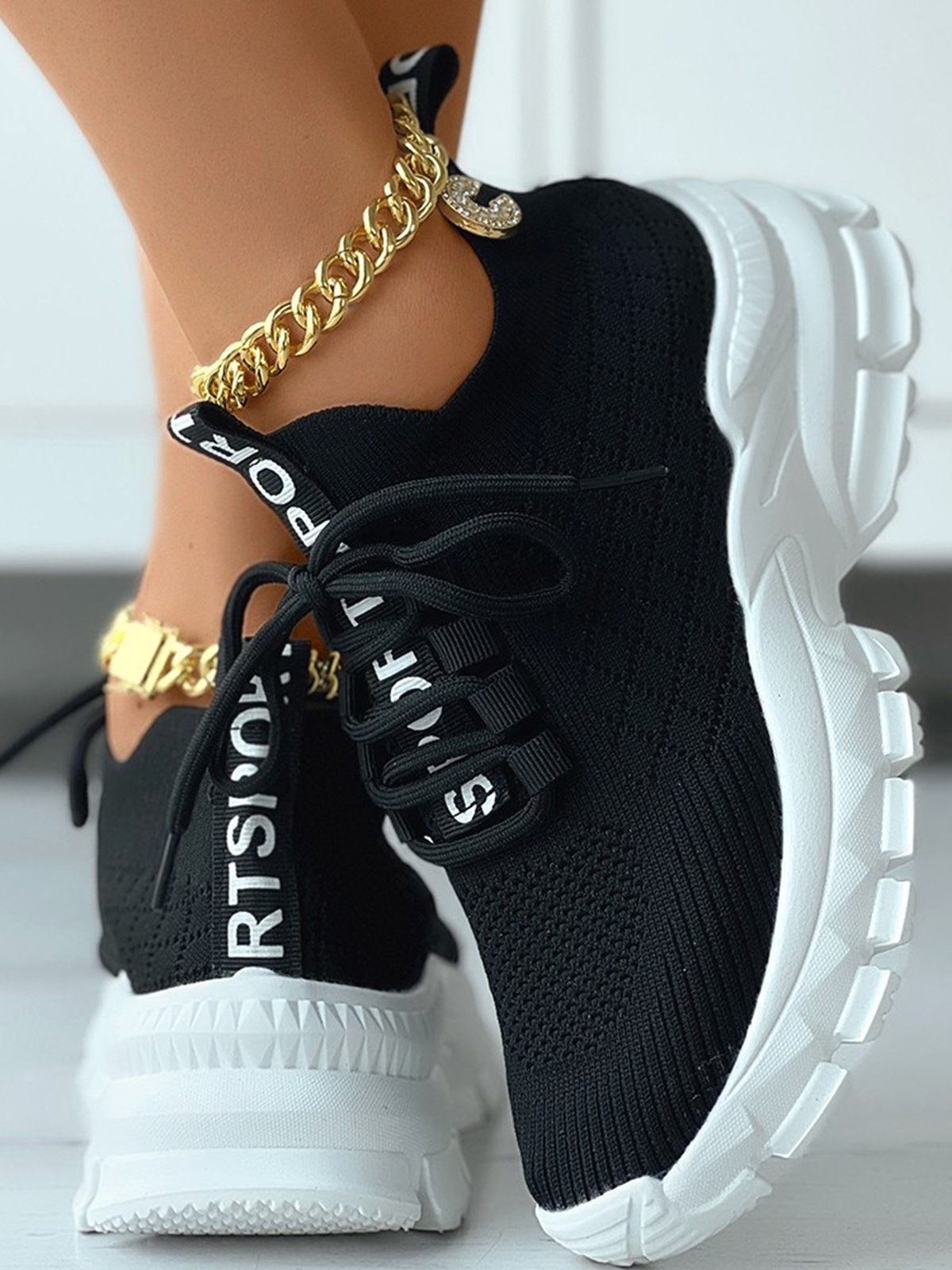 Letters Breathable Slip On Knit Sneakers