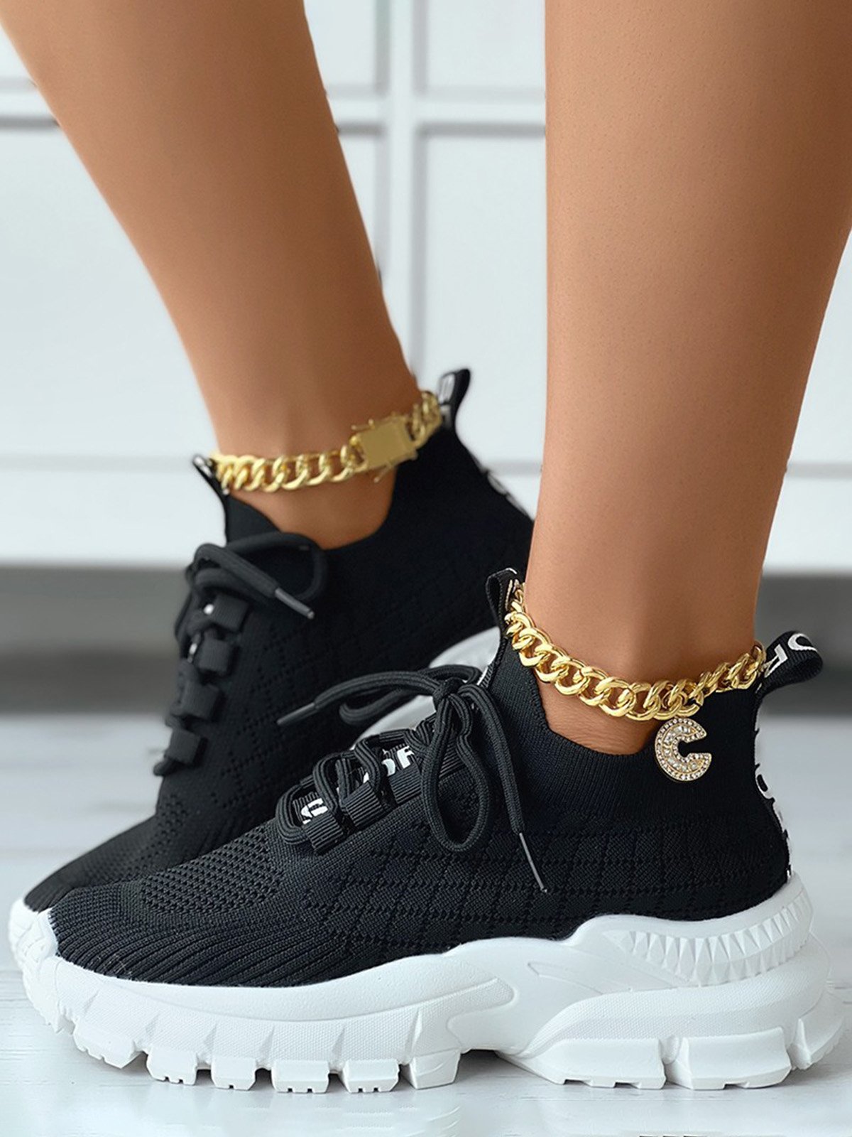 Letters Breathable Slip On Knit Sneakers