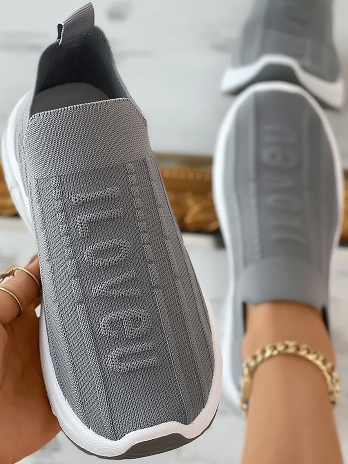I Love U Pattern Slip On Knit Sneakers