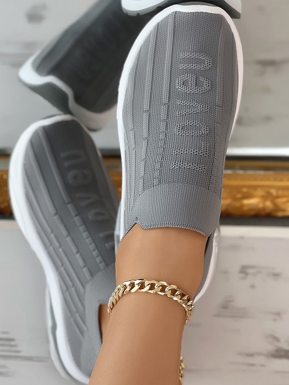 I Love U Pattern Slip On Knit Sneakers