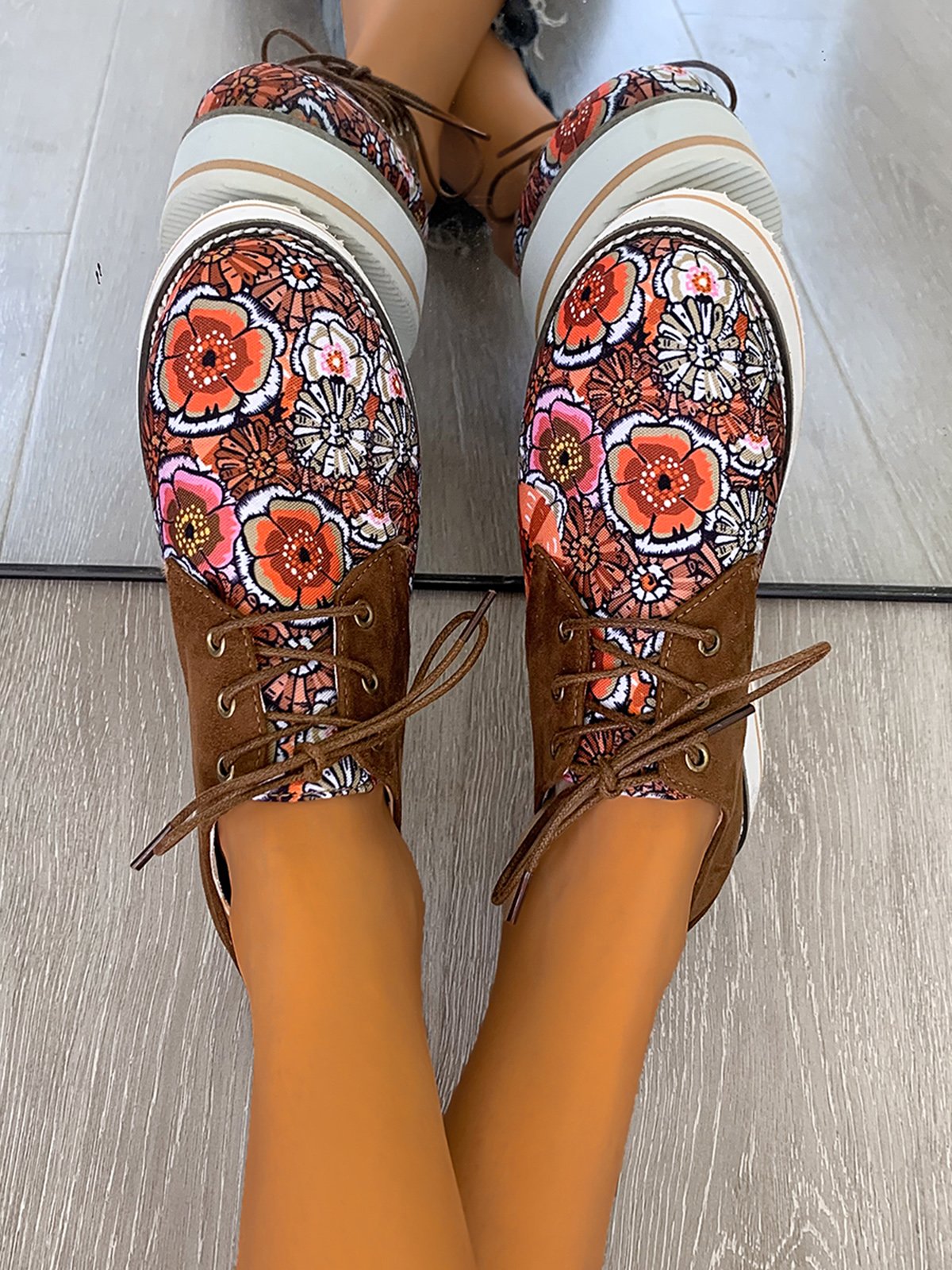 Floral Printed Patchwork Lace Up Shoes