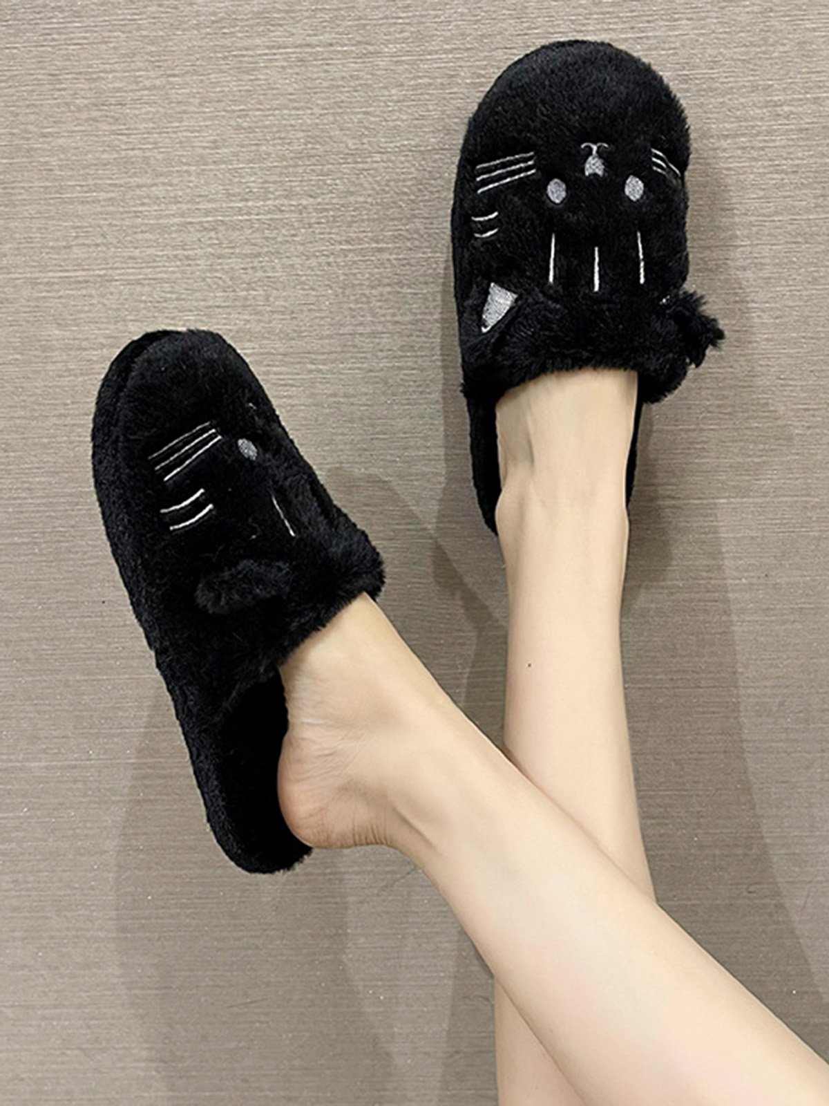 Cartoon Cat Embroidery Furry Slippers