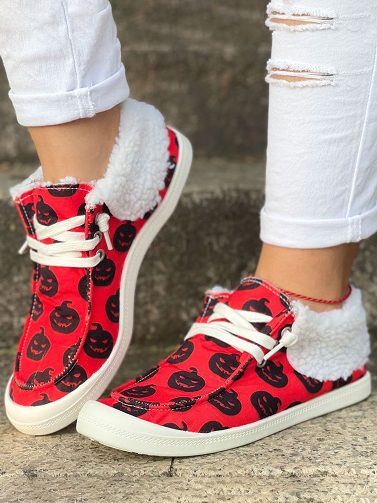 Halloween Skull Pumpkin Plush Splice Casual Flat Shoes