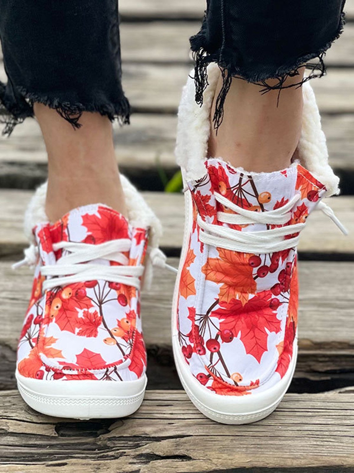 Women's Large Maple Leaf Sunflower Printed Plush Splicing Flat Shoes