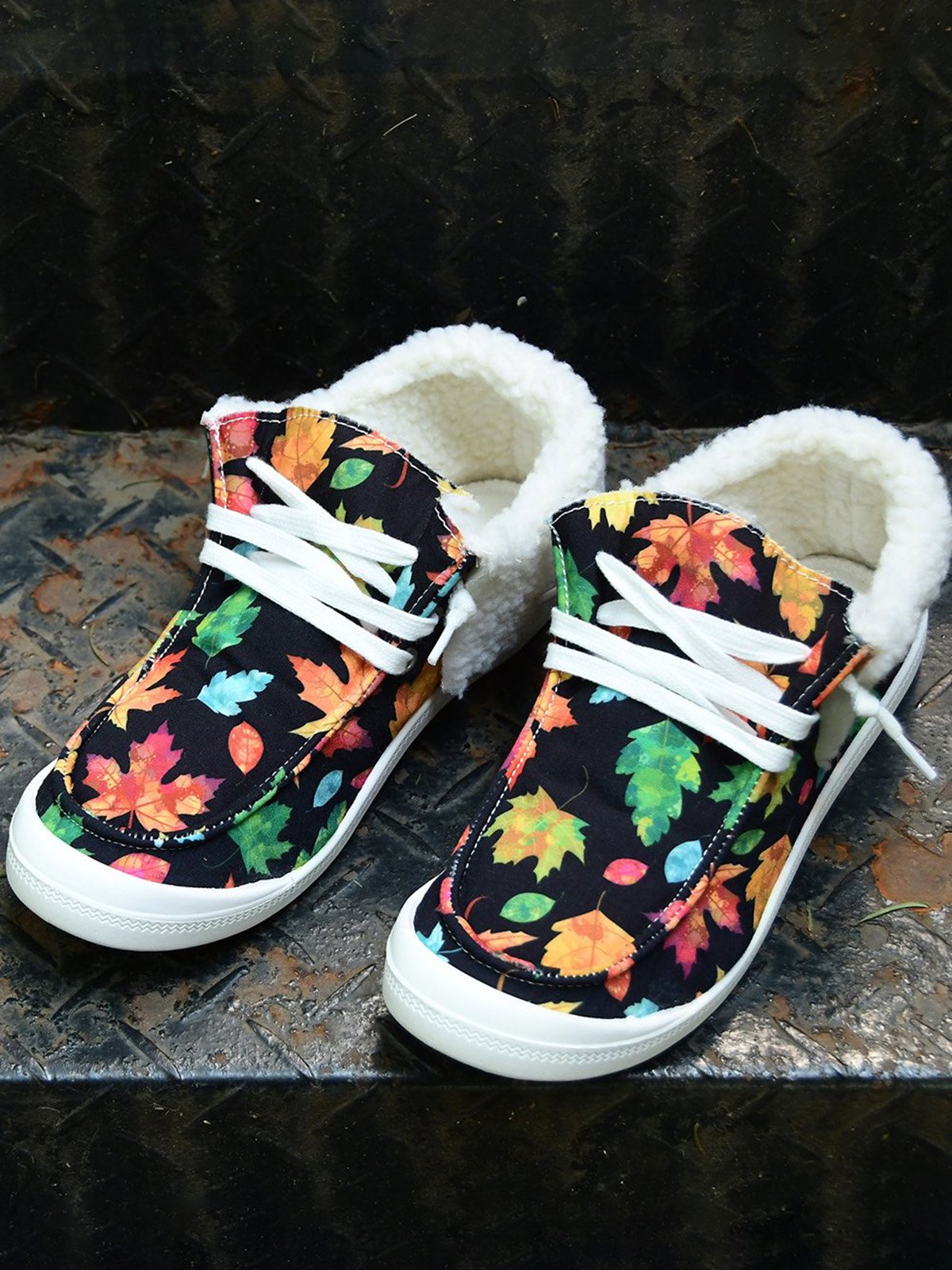 Women's Large Maple Leaf Sunflower Printed Plush Splicing Flat Shoes