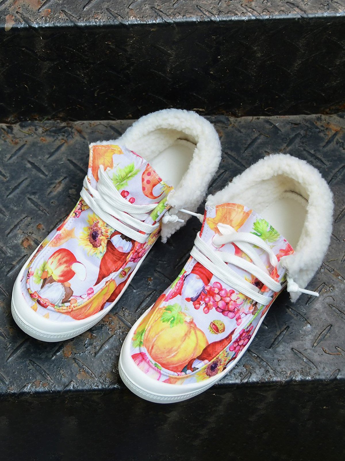 Women's Large Maple Leaf Sunflower Printed Plush Splicing Flat Shoes