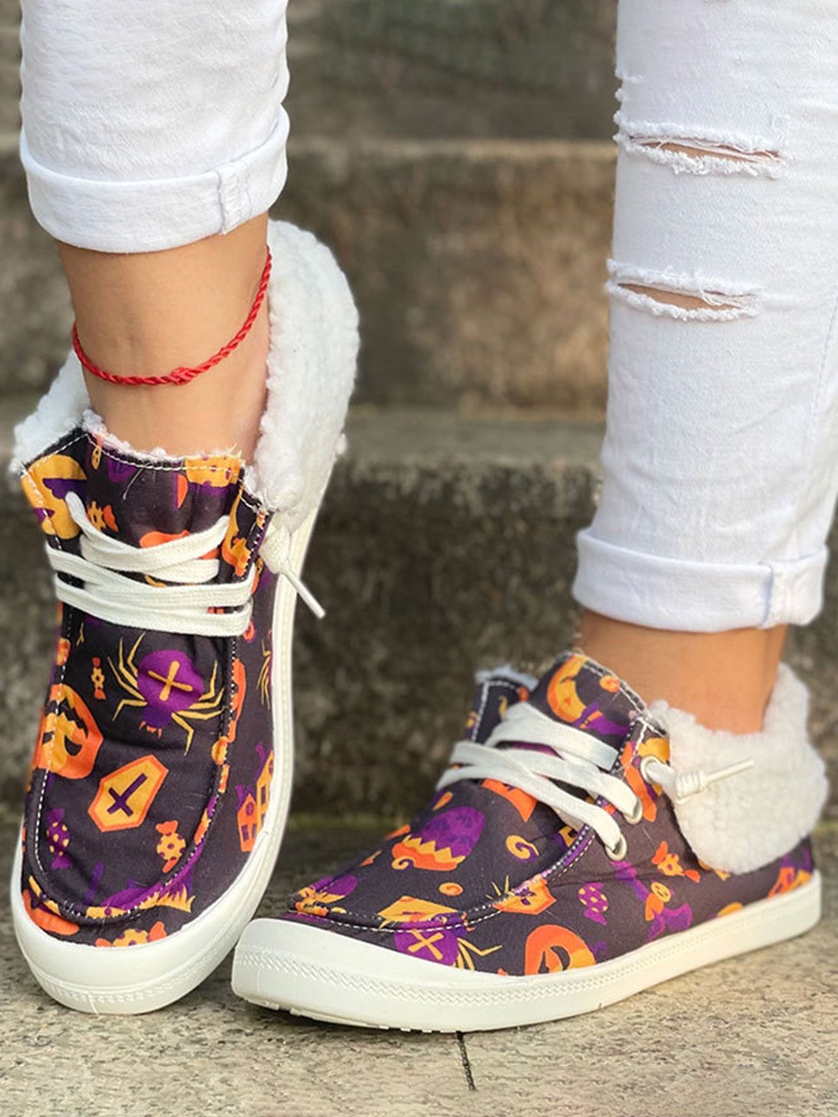Halloween Skull Pumpkin Plush Splice Casual Flat Shoes