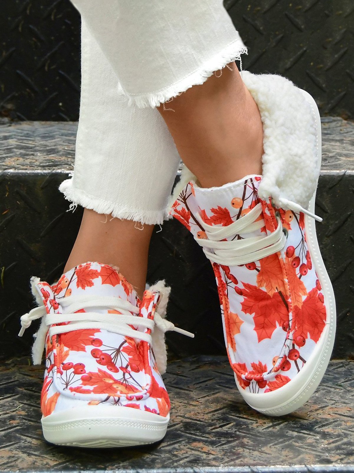 Women's Large Maple Leaf Sunflower Printed Plush Splicing Flat Shoes