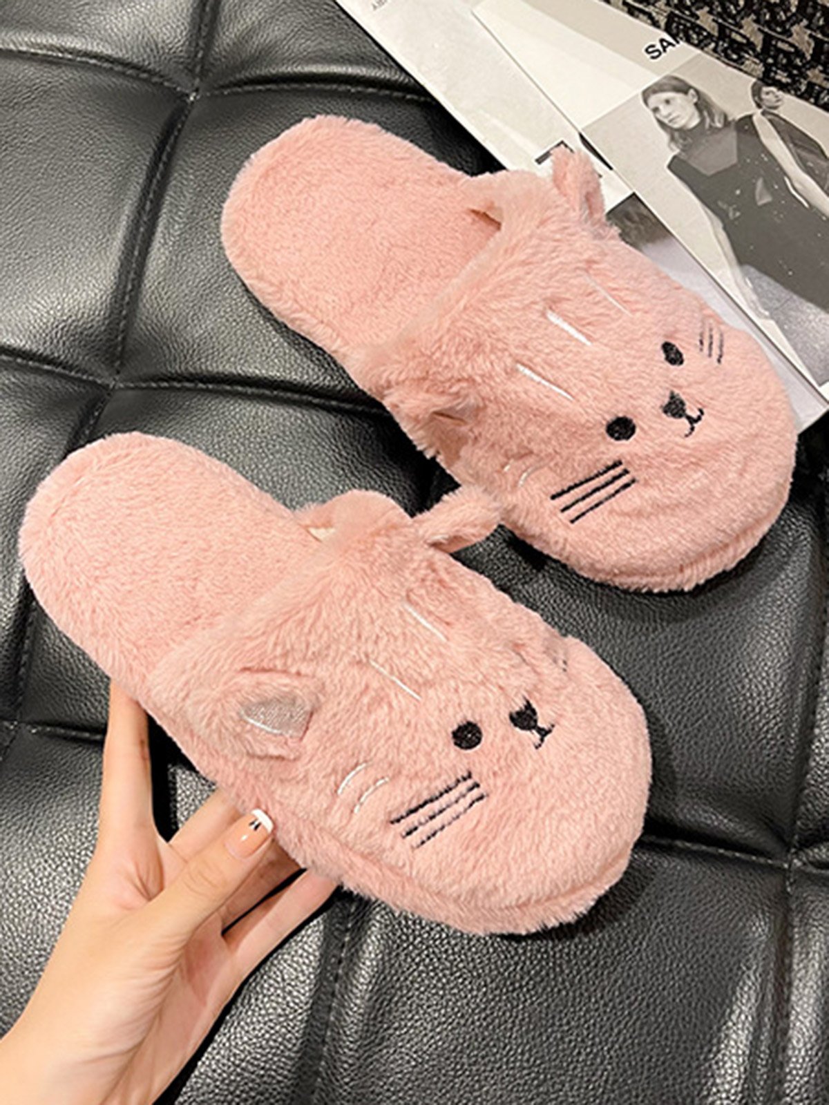 Cartoon Cat Embroidery Furry Slippers