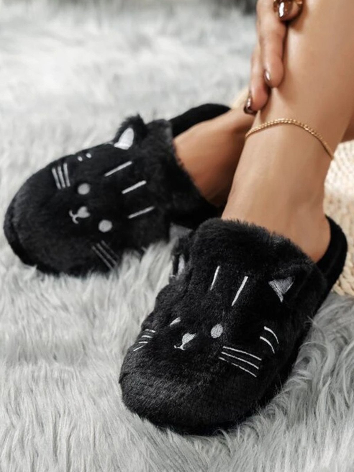 Cartoon Cat Embroidery Furry Slippers