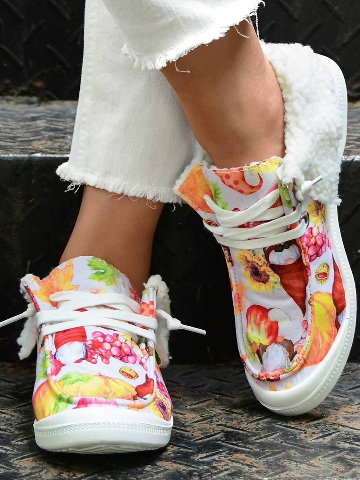 Women's Large Maple Leaf Sunflower Printed Plush Splicing Flat Shoes