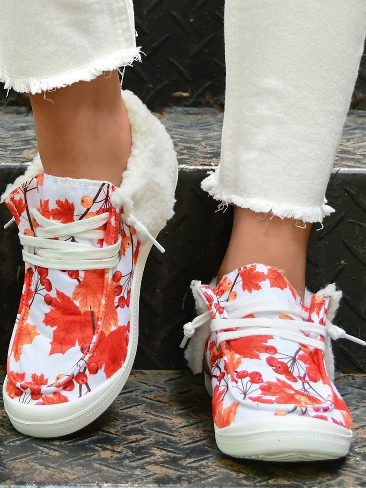 Women's Large Maple Leaf Sunflower Printed Plush Splicing Flat Shoes