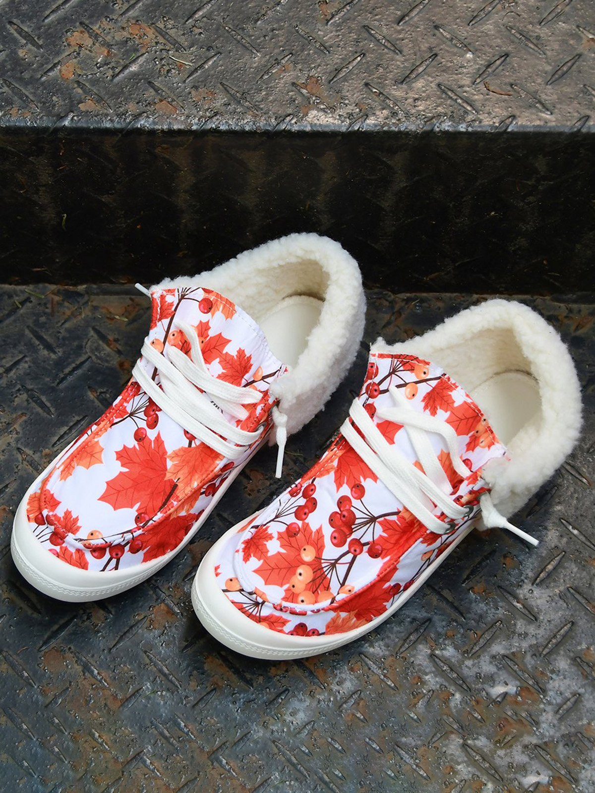 Women's Large Maple Leaf Sunflower Printed Plush Splicing Flat Shoes