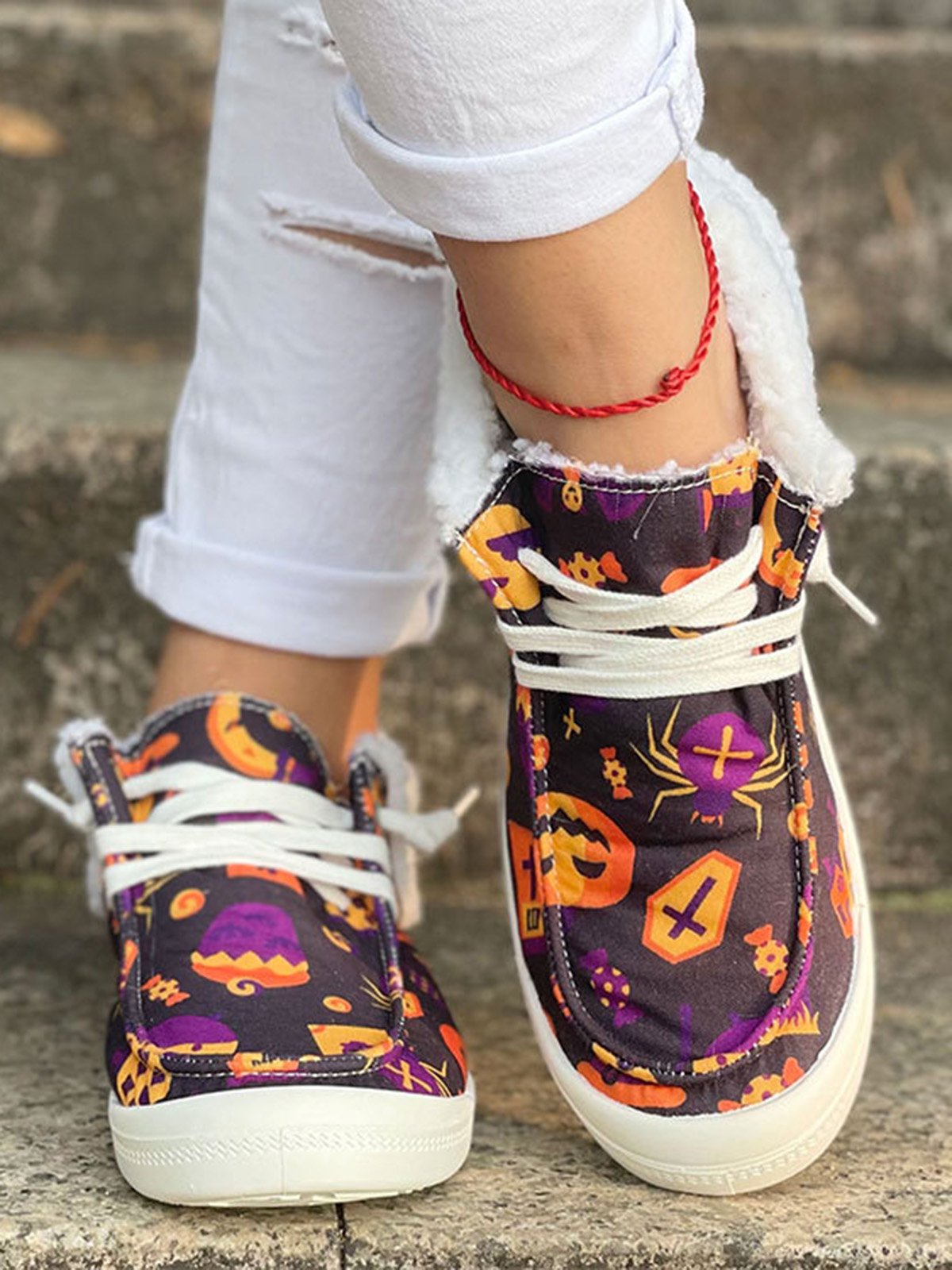 Halloween Skull Pumpkin Plush Splice Casual Flat Shoes