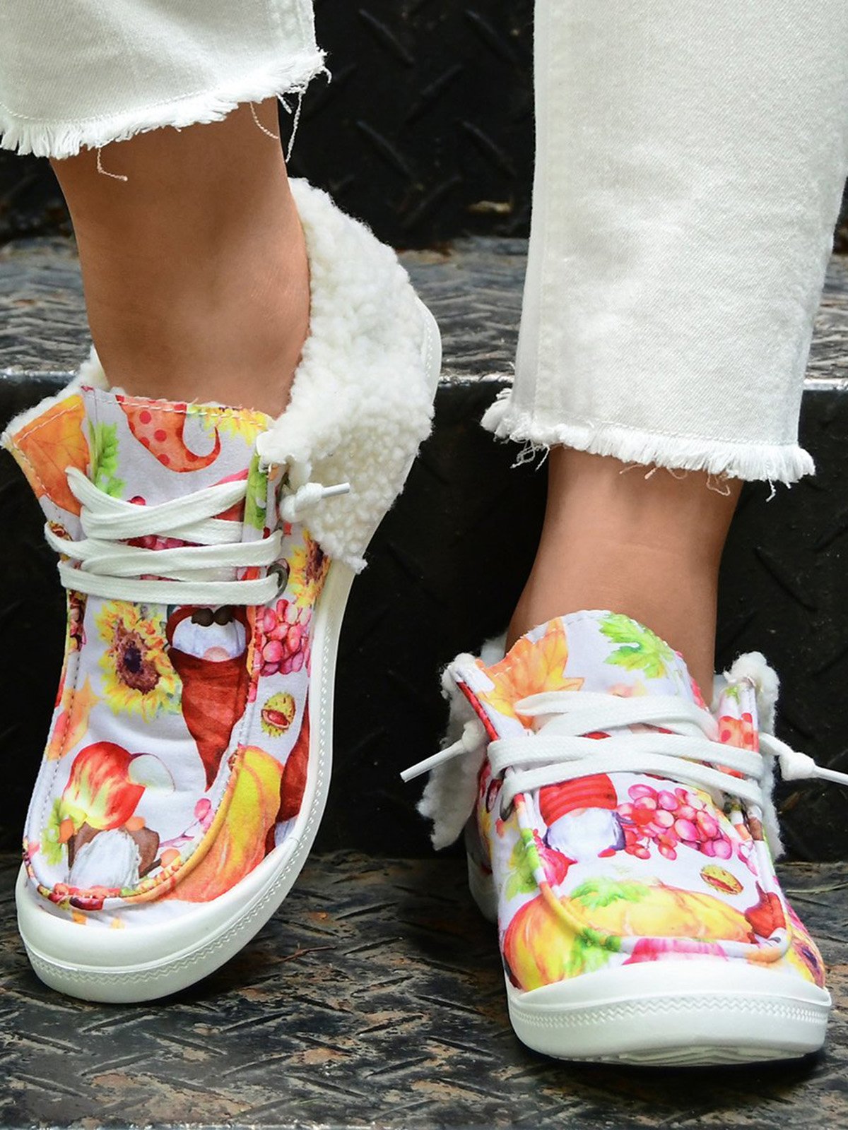 Women's Large Maple Leaf Sunflower Printed Plush Splicing Flat Shoes
