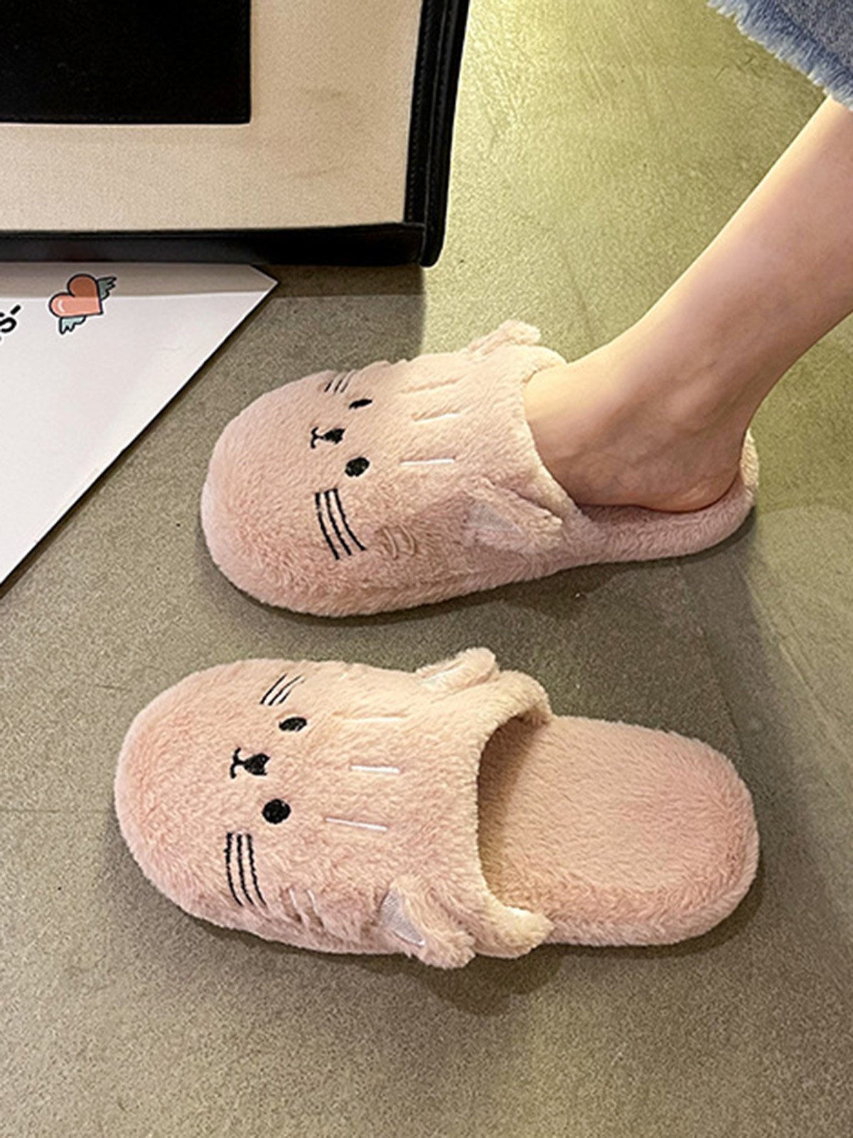 Cartoon Cat Embroidery Furry Slippers