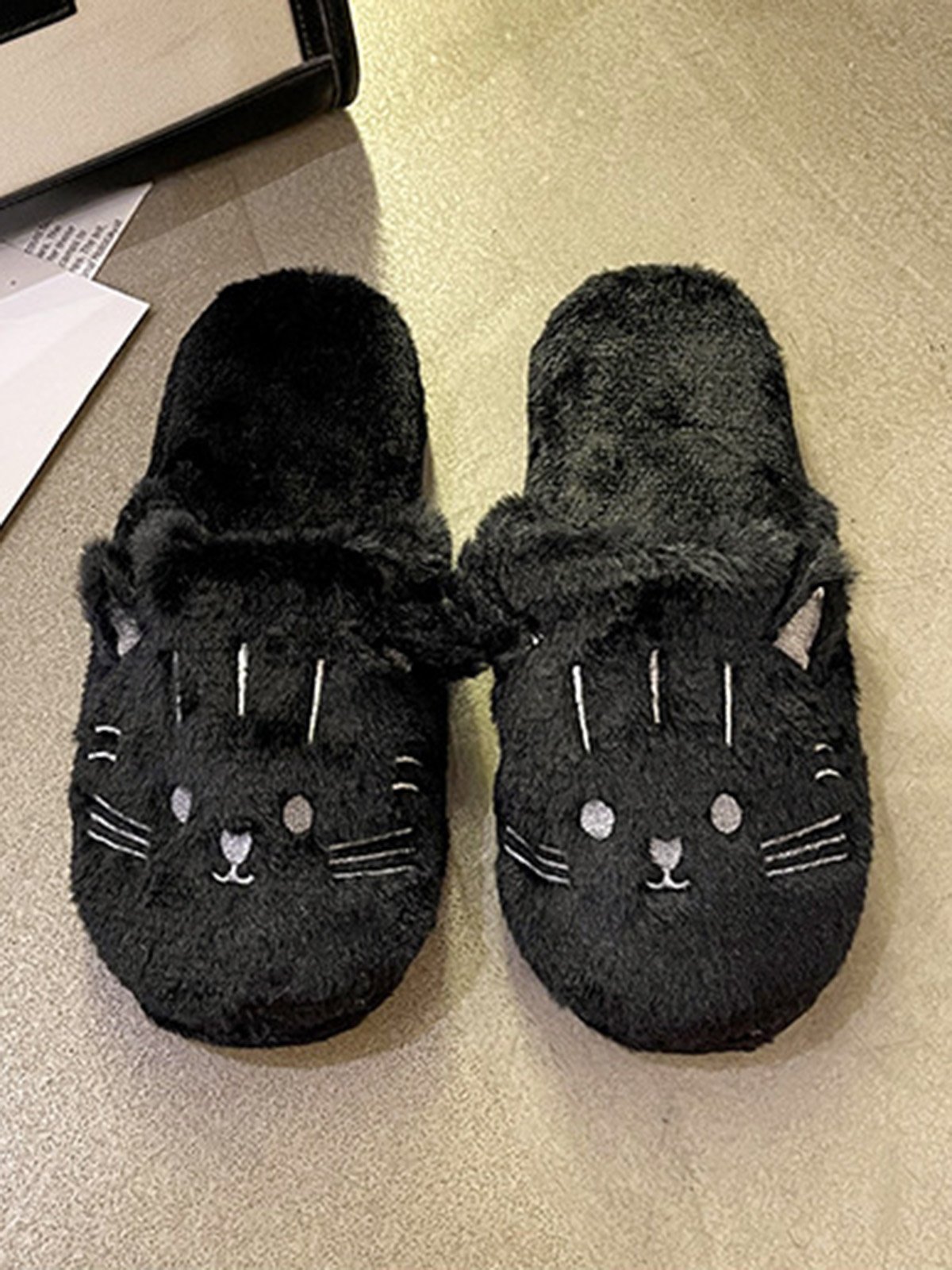 Cartoon Cat Embroidery Furry Slippers