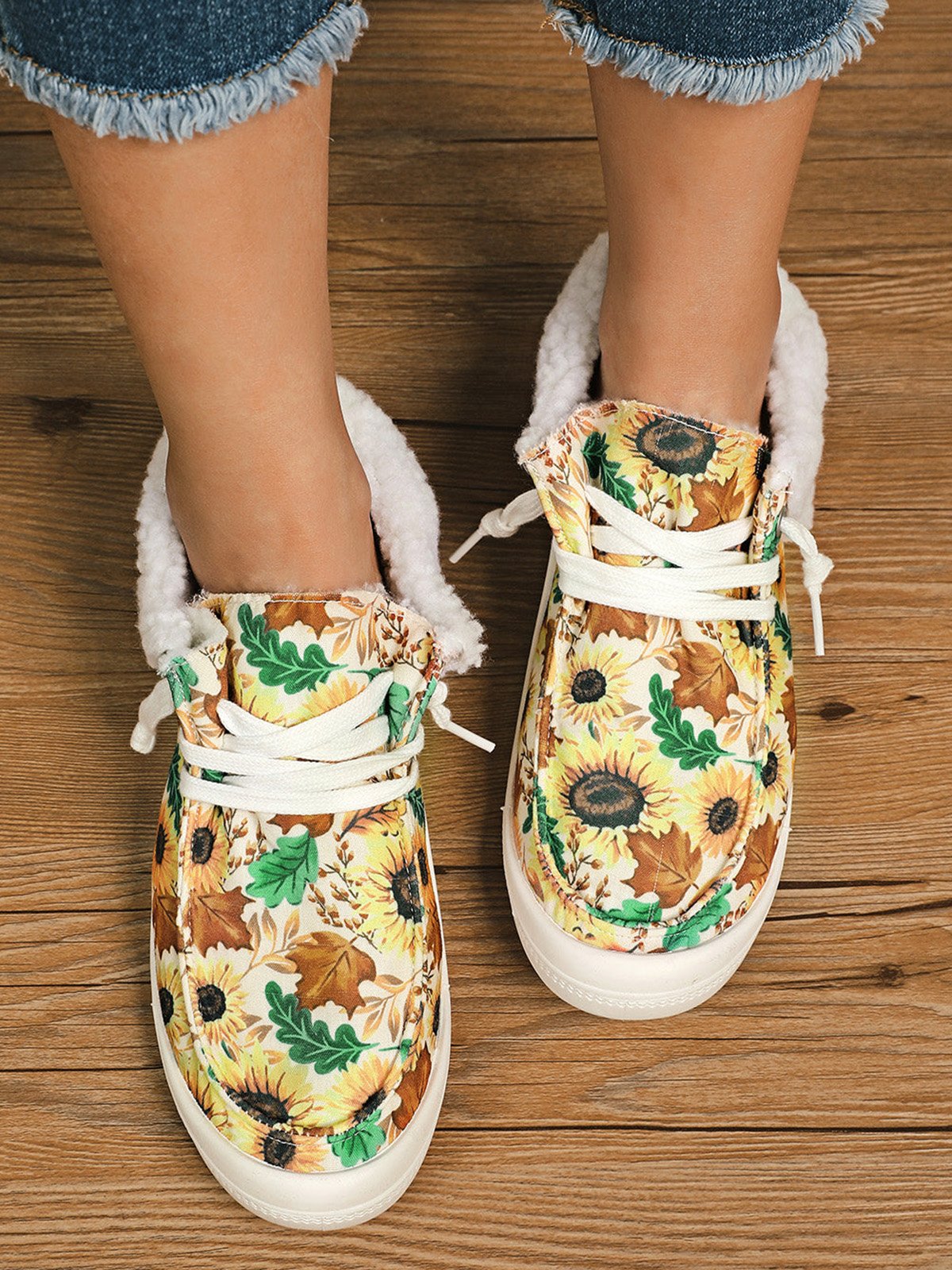 Women's Large Maple Leaf Sunflower Printed Plush Splicing Flat Shoes