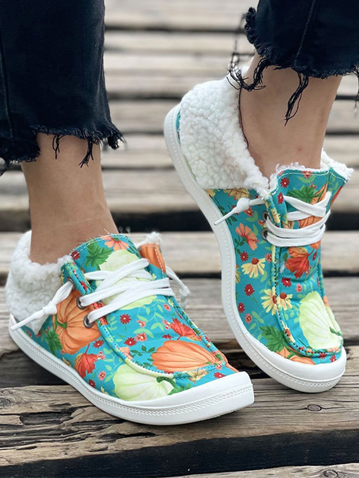 Women's Large Maple Leaf Sunflower Printed Plush Splicing Flat Shoes