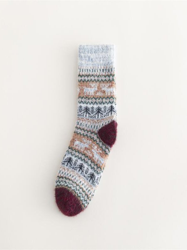 Casual Retro Striped Elk Pattern Plush Socks Autumn Winter Accessories Warm High Stretch