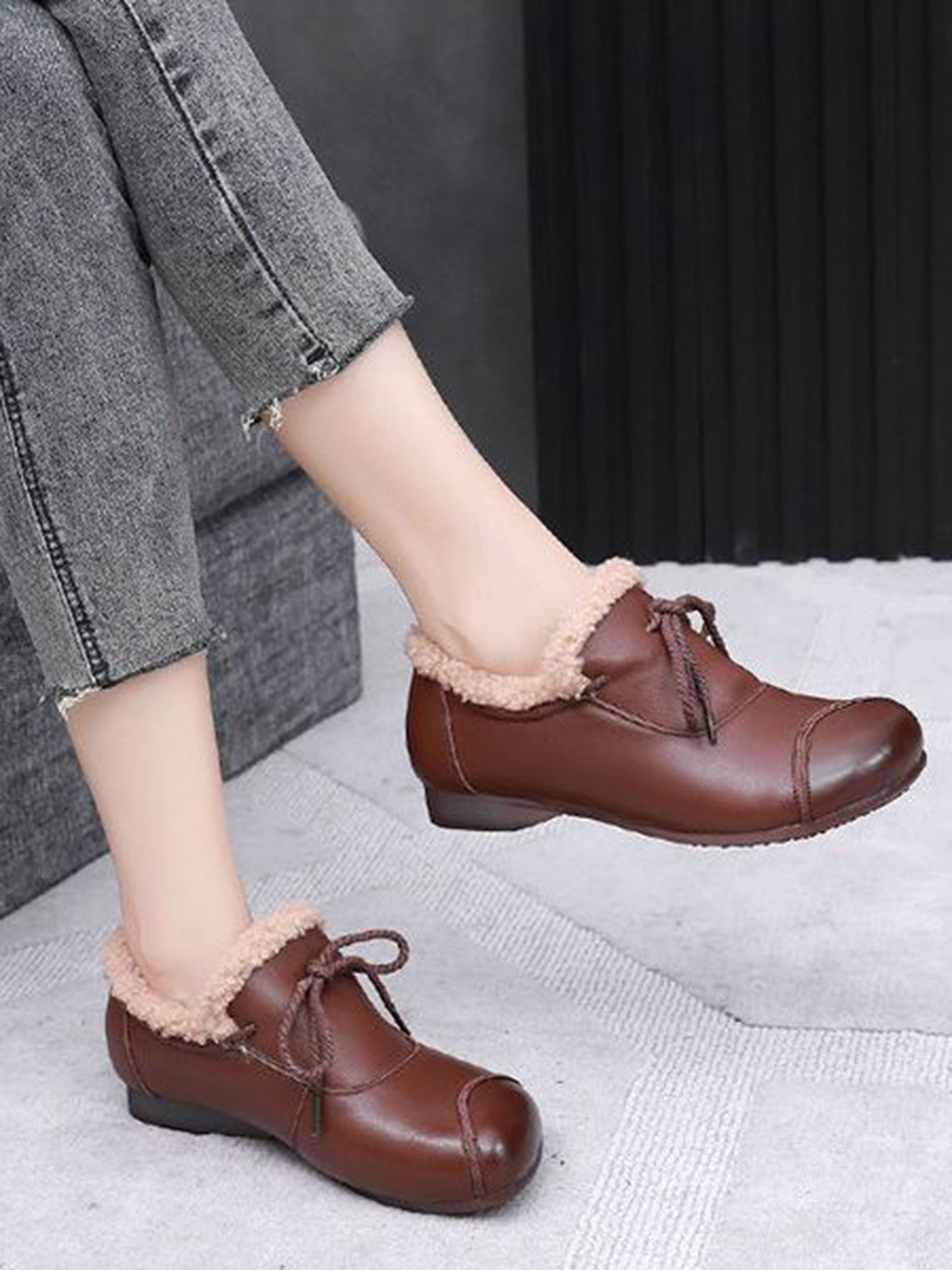 Vintage Bow Warm Furry Lined Slip On Flats