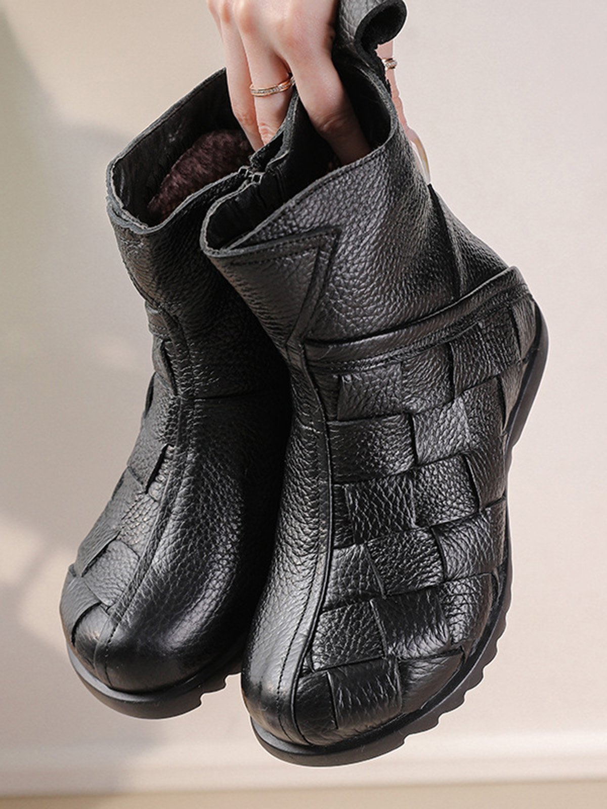 Womens's Braided Warm Lined Cowhide Leather Boots