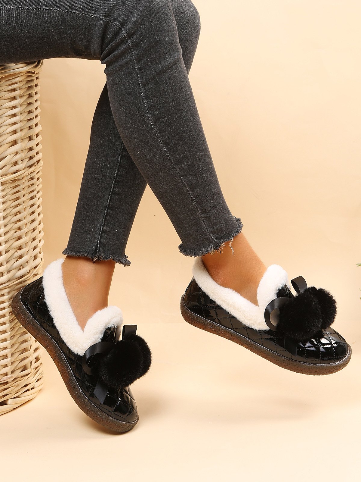 Women's Fuzzy Ball Warm Lined Slip On Flat Shoes