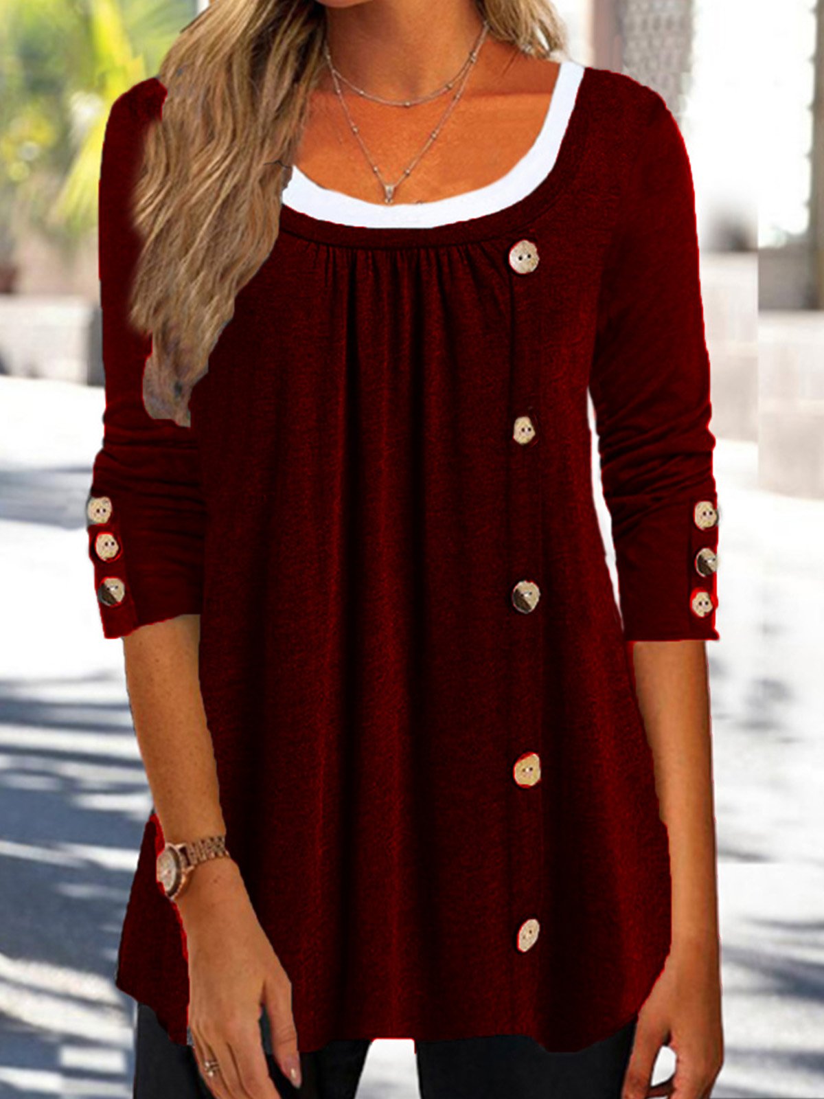 Casual Plain Autumn Lightweight Micro-Elasticity Daily Crew Neck Mid-long Regular Size Top for Women