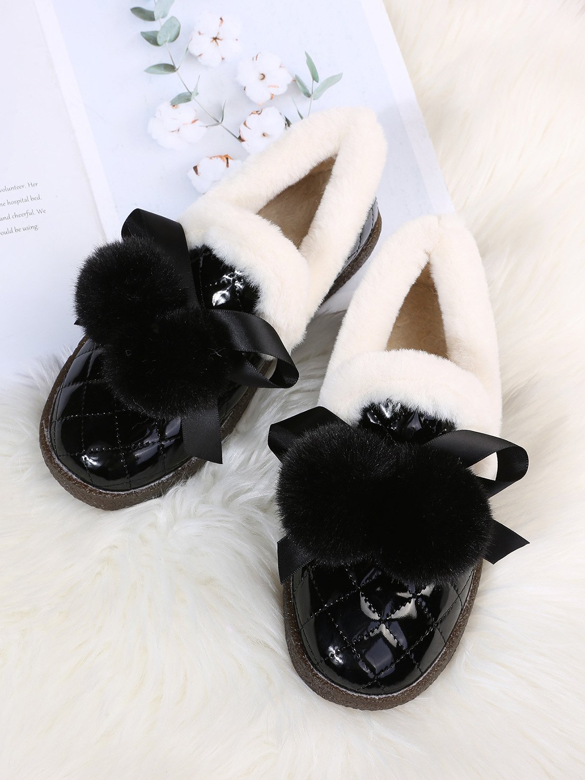 Women's Fuzzy Ball Warm Lined Slip On Flat Shoes