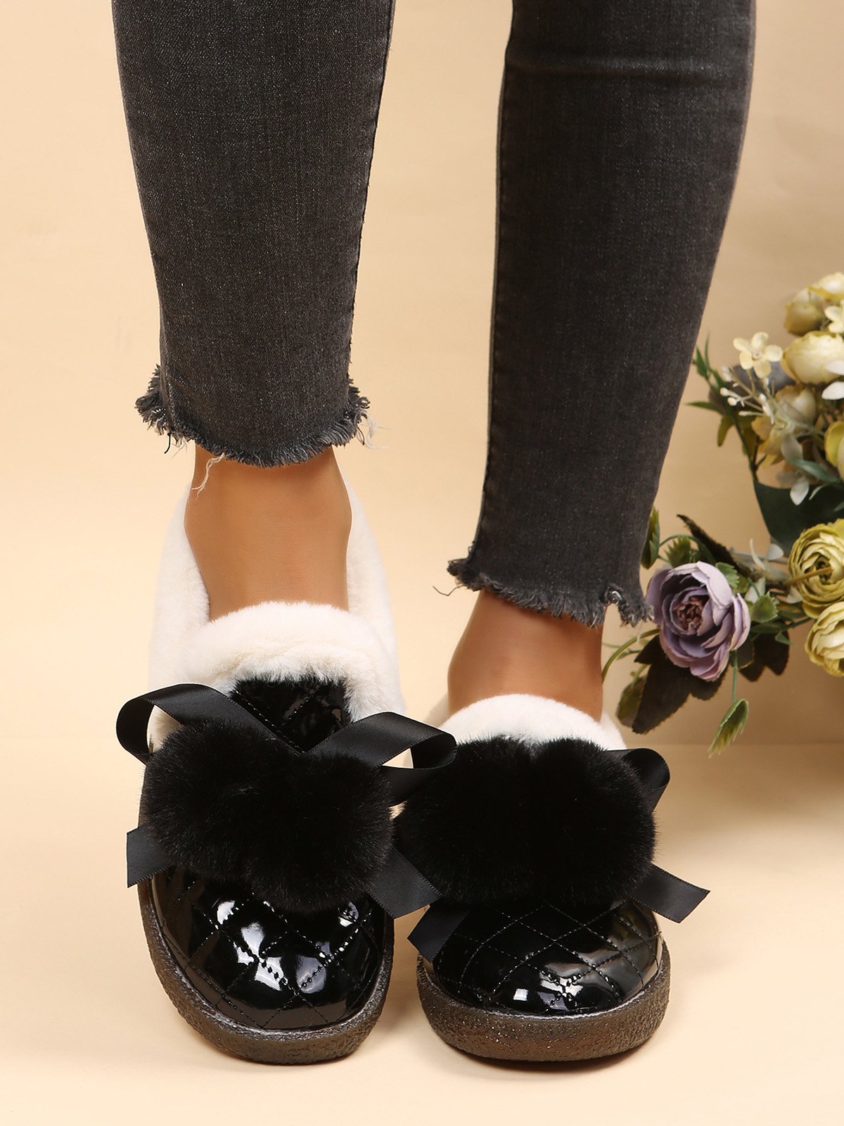 Women's Fuzzy Ball Warm Lined Slip On Flat Shoes
