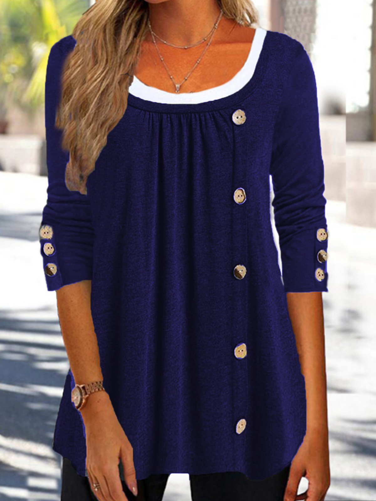Casual Plain Autumn Lightweight Micro-Elasticity Daily Crew Neck Mid-long Regular Size Top for Women