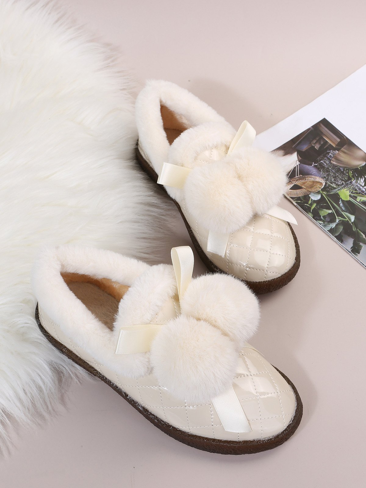 Women's Fuzzy Ball Warm Lined Slip On Flat Shoes