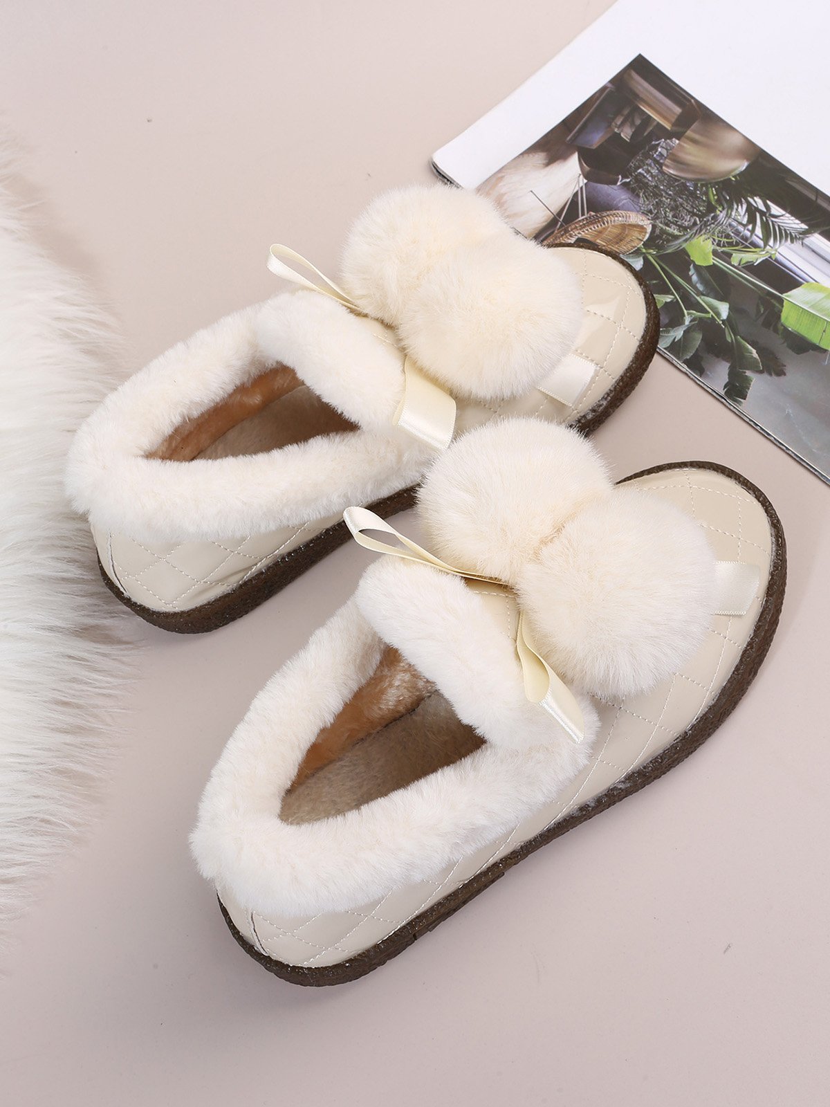 Women's Fuzzy Ball Warm Lined Slip On Flat Shoes