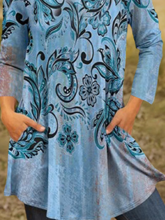 Floral Long Sleeve Crew Neck Casual Tunic Top