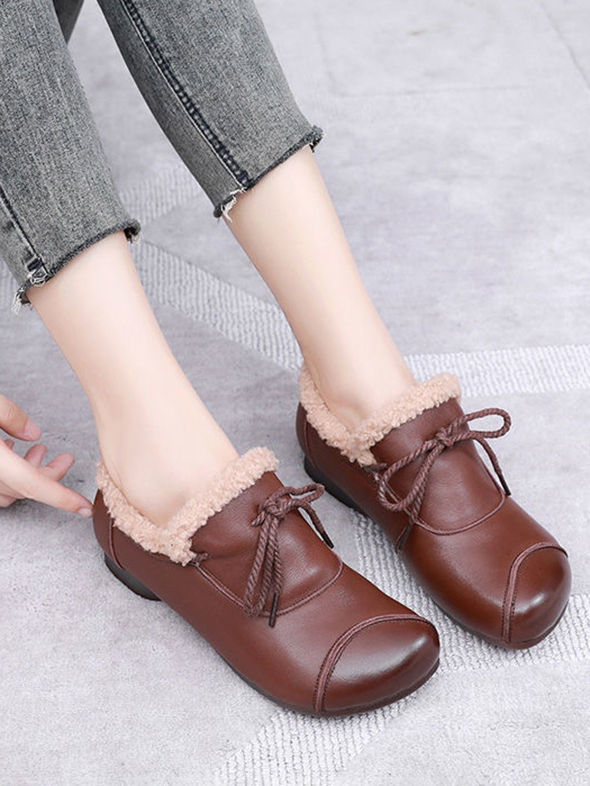 Vintage Bow Warm Furry Lined Slip On Flats