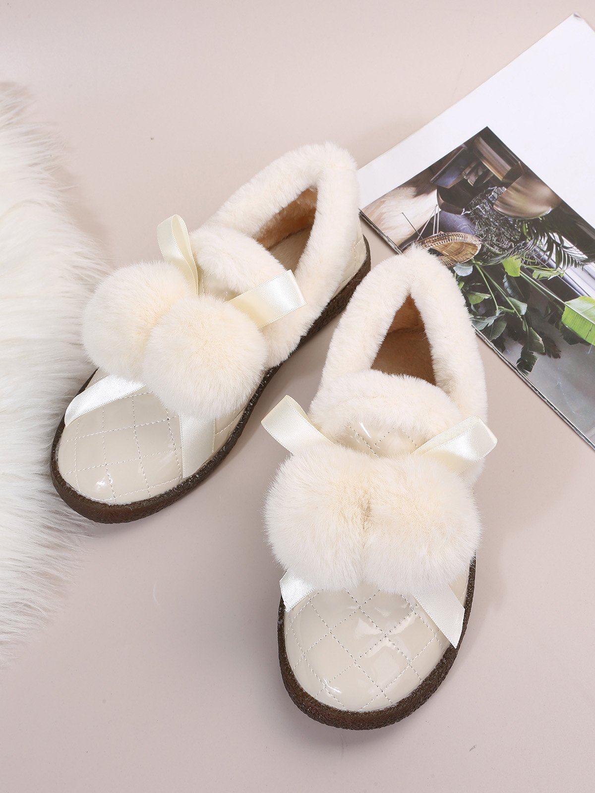 Women's Fuzzy Ball Warm Lined Slip On Flat Shoes