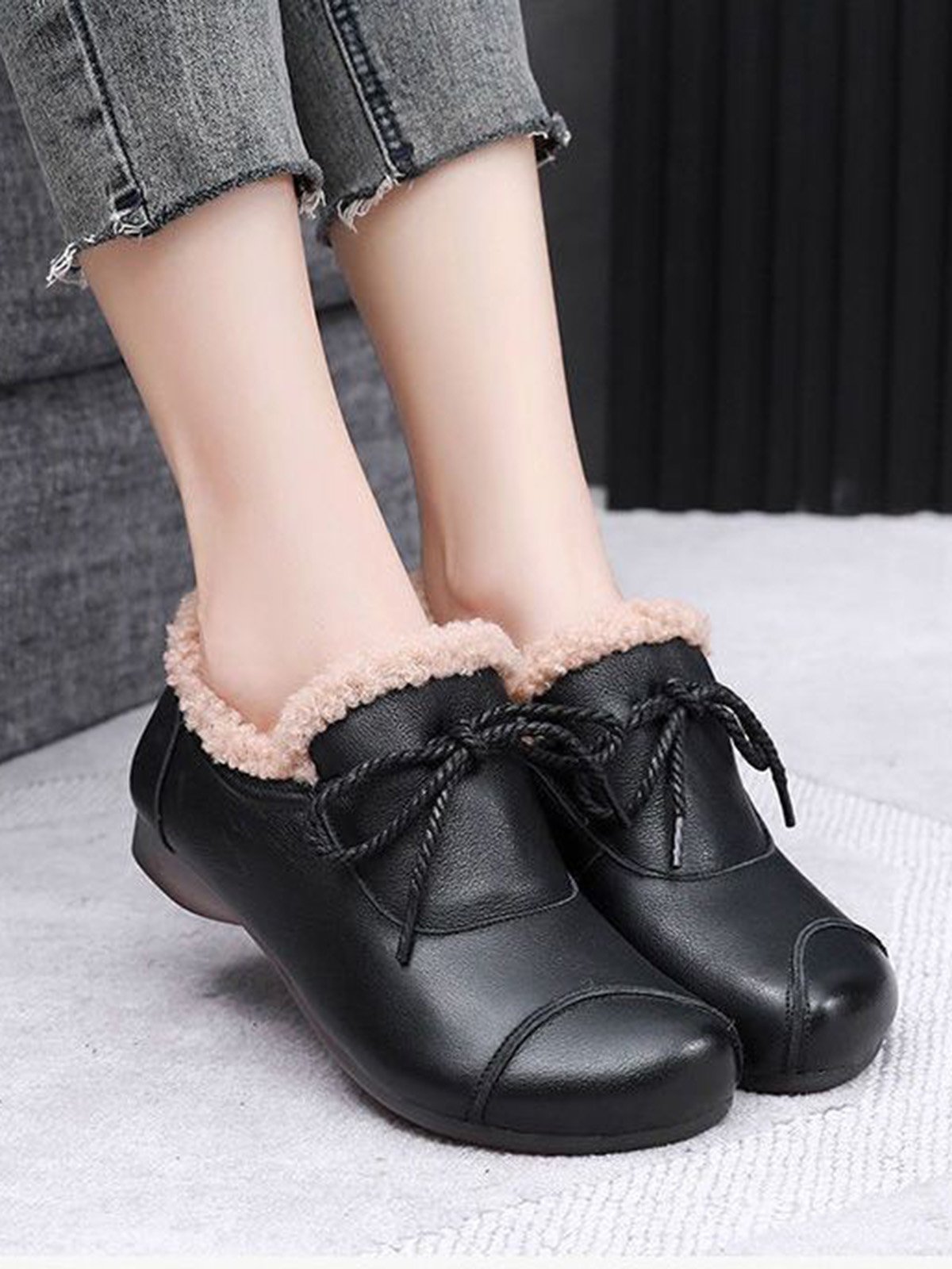 Vintage Bow Warm Furry Lined Slip On Flats