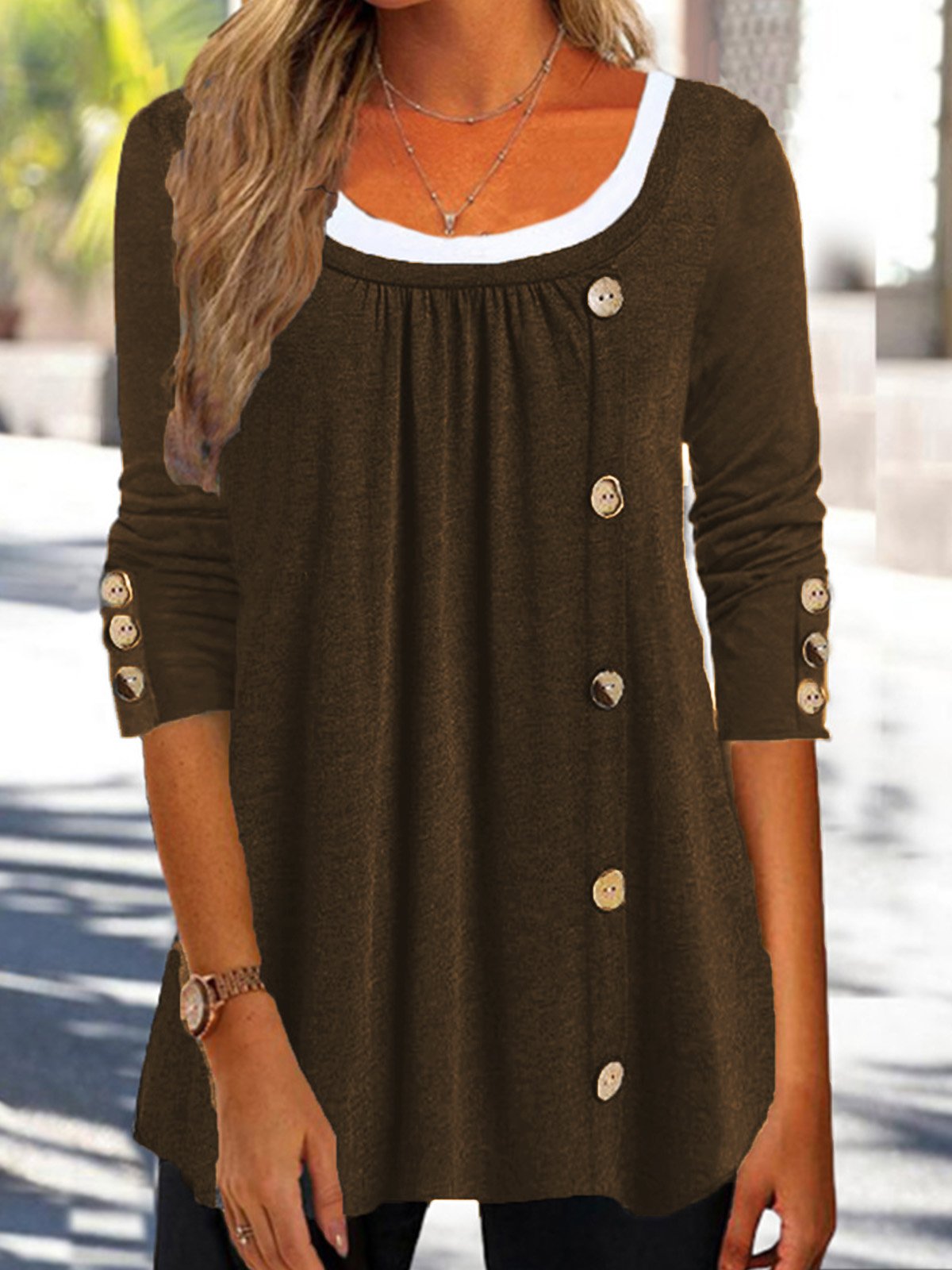 Casual Plain Autumn Lightweight Micro-Elasticity Daily Crew Neck Mid-long Regular Size Top for Women