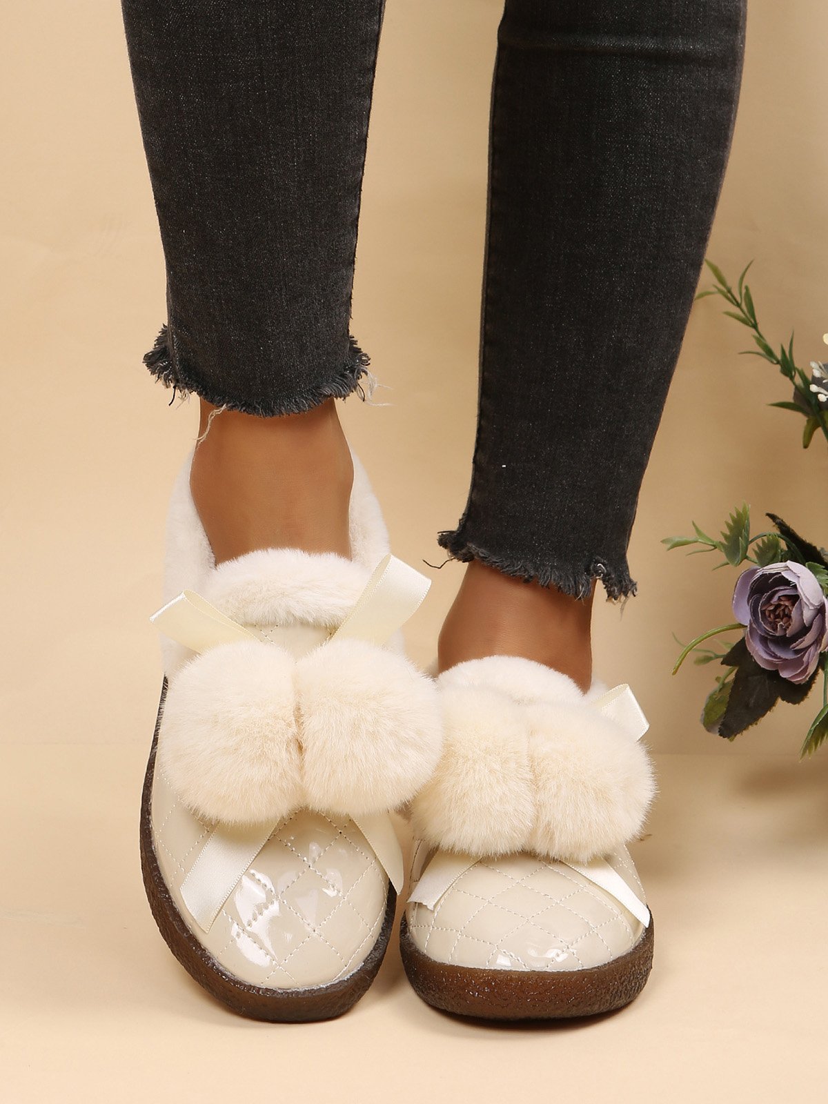 Women's Fuzzy Ball Warm Lined Slip On Flat Shoes