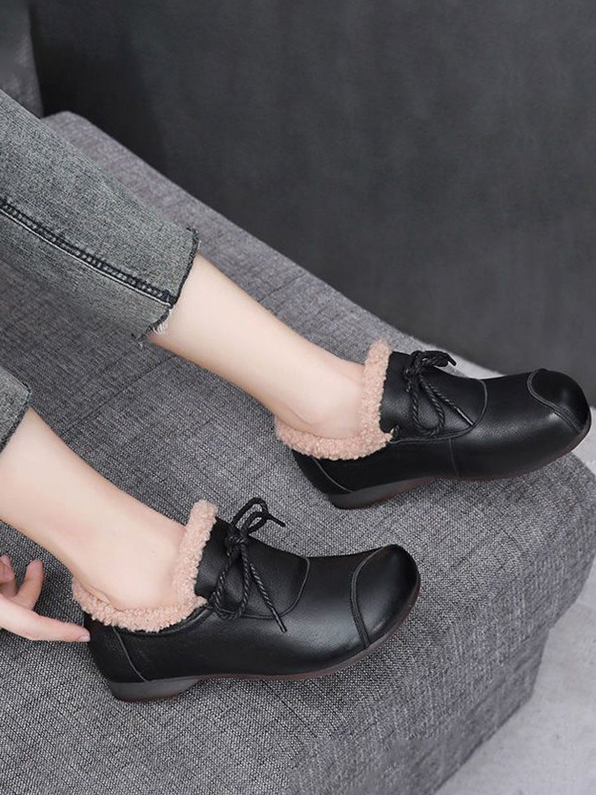 Vintage Bow Warm Furry Lined Slip On Flats