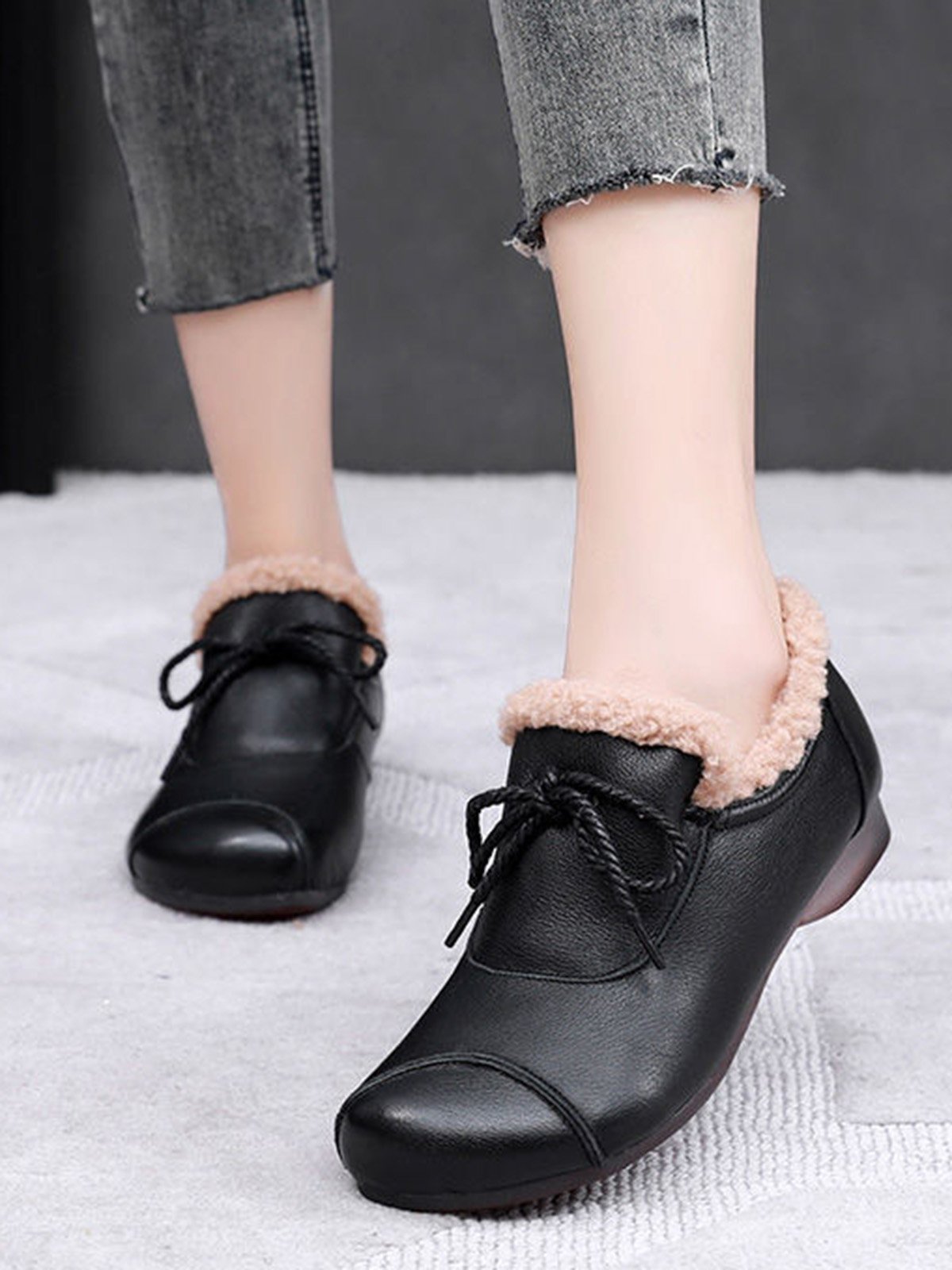 Vintage Bow Warm Furry Lined Slip On Flats