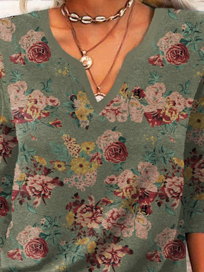 Floral Long Sleeve Notched Casual T-Shirt