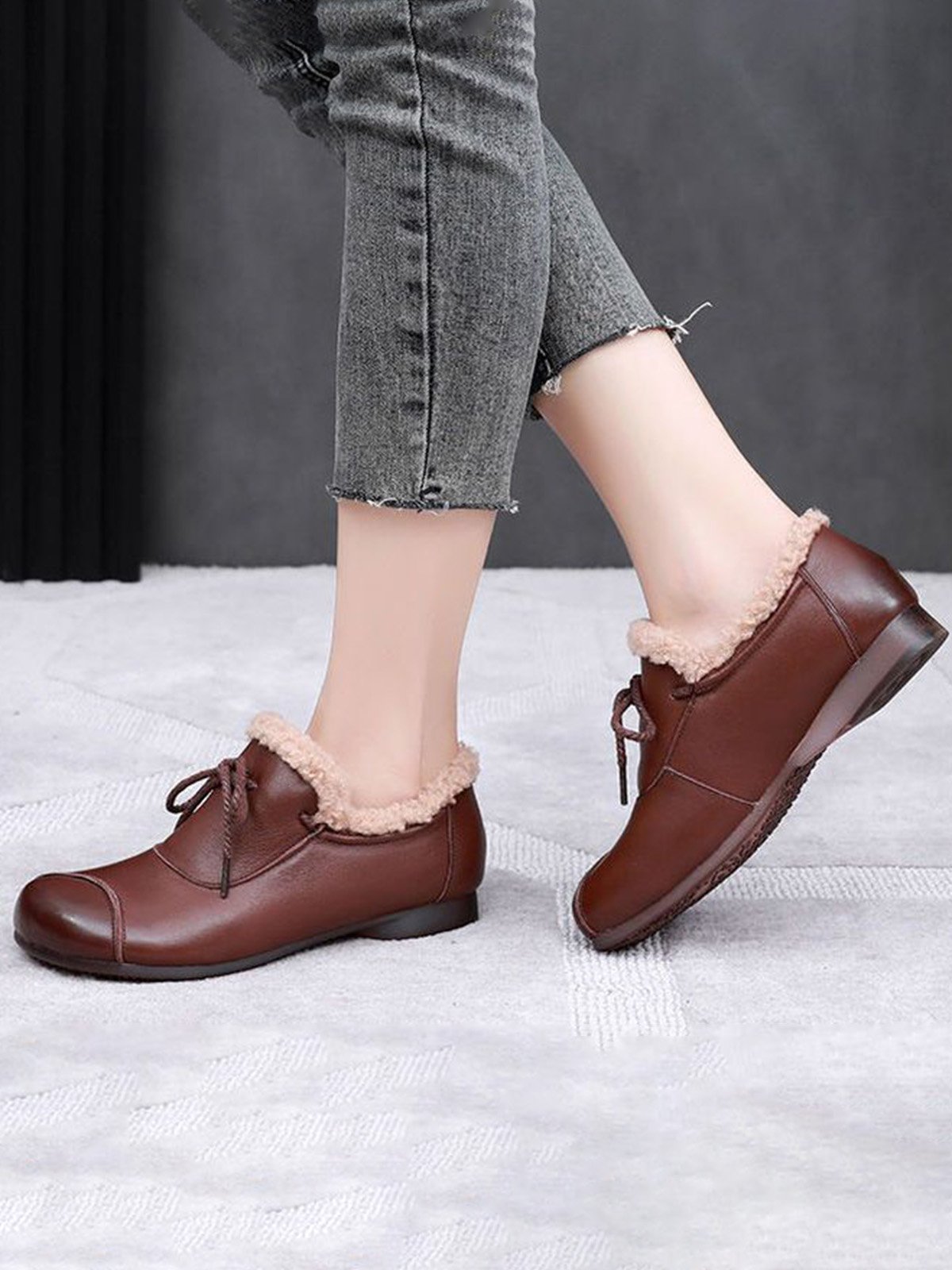 Vintage Bow Warm Furry Lined Slip On Flats