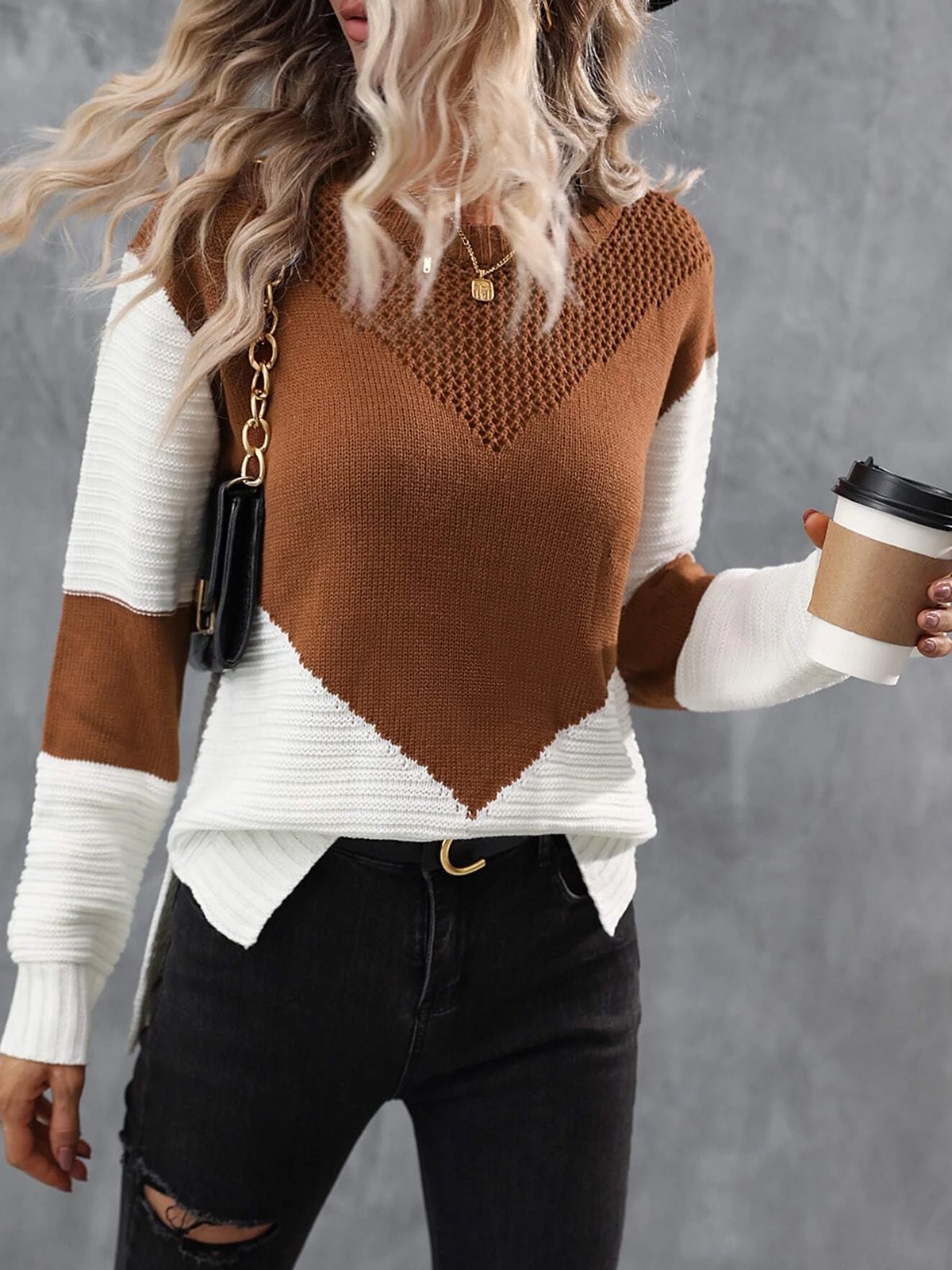 Crew Neck Color Block Knitted Sweater