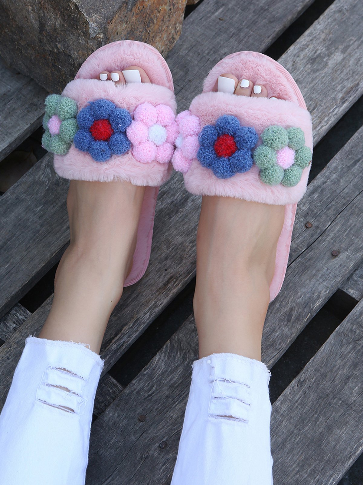 Cute Flowers Warm Faux Fur Indoor Slippers