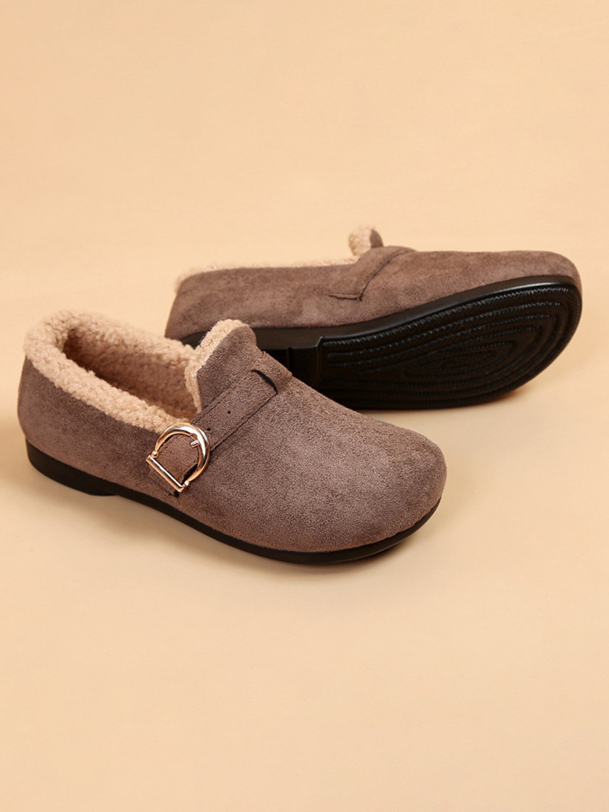 Casual Plain Buckle Warm Lined Flat Peas Shoes