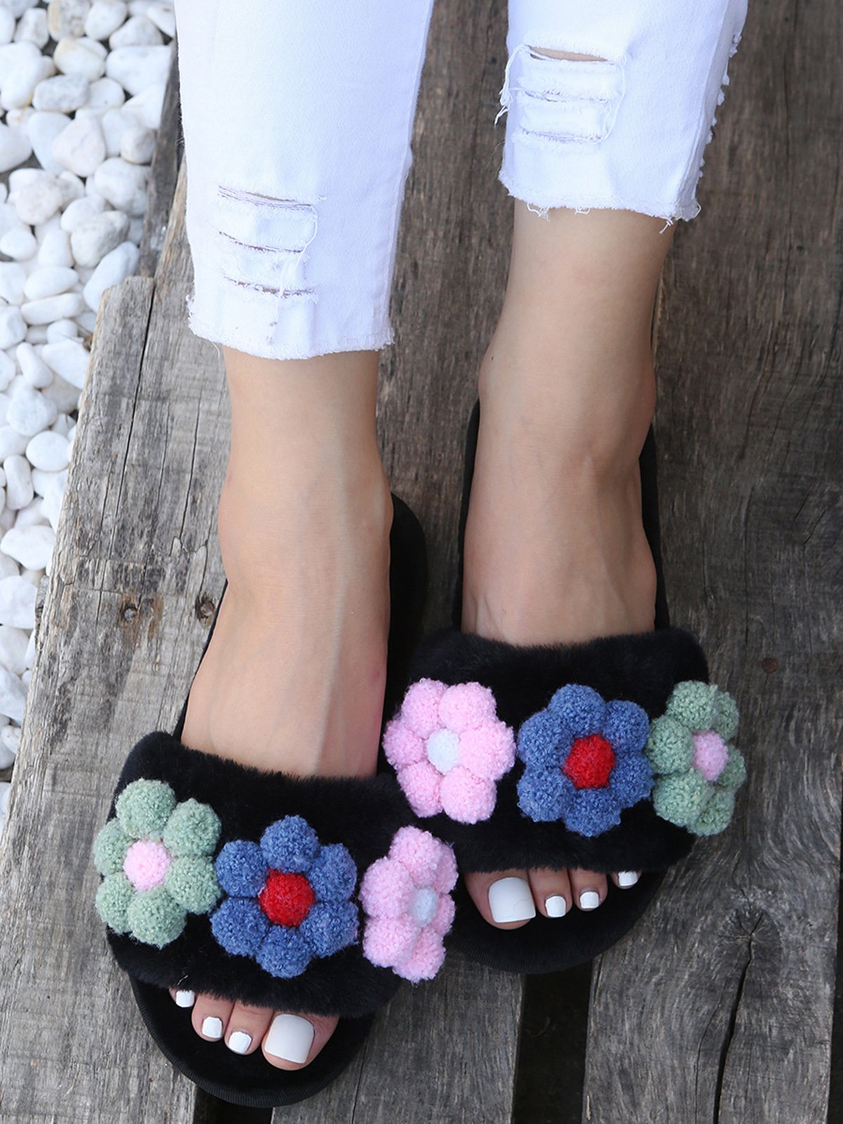 Cute Flowers Warm Faux Fur Indoor Slippers