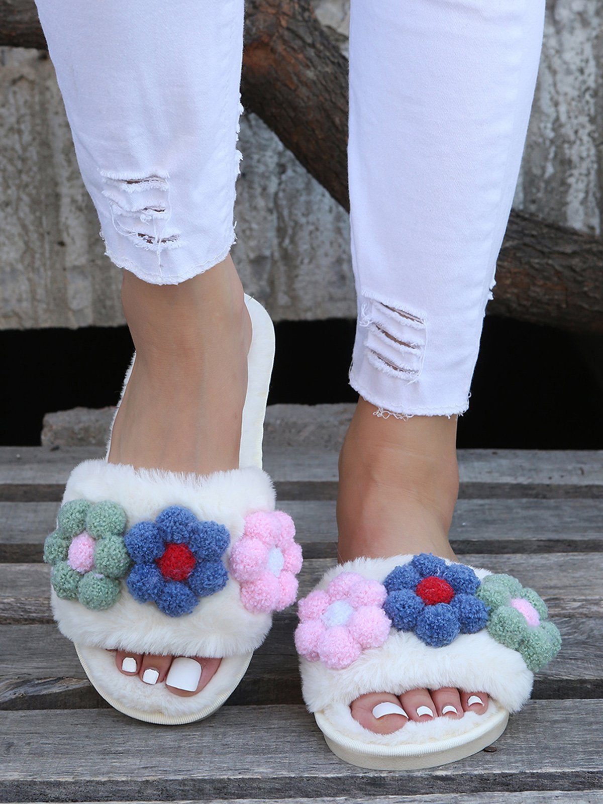 Cute Flowers Warm Faux Fur Indoor Slippers