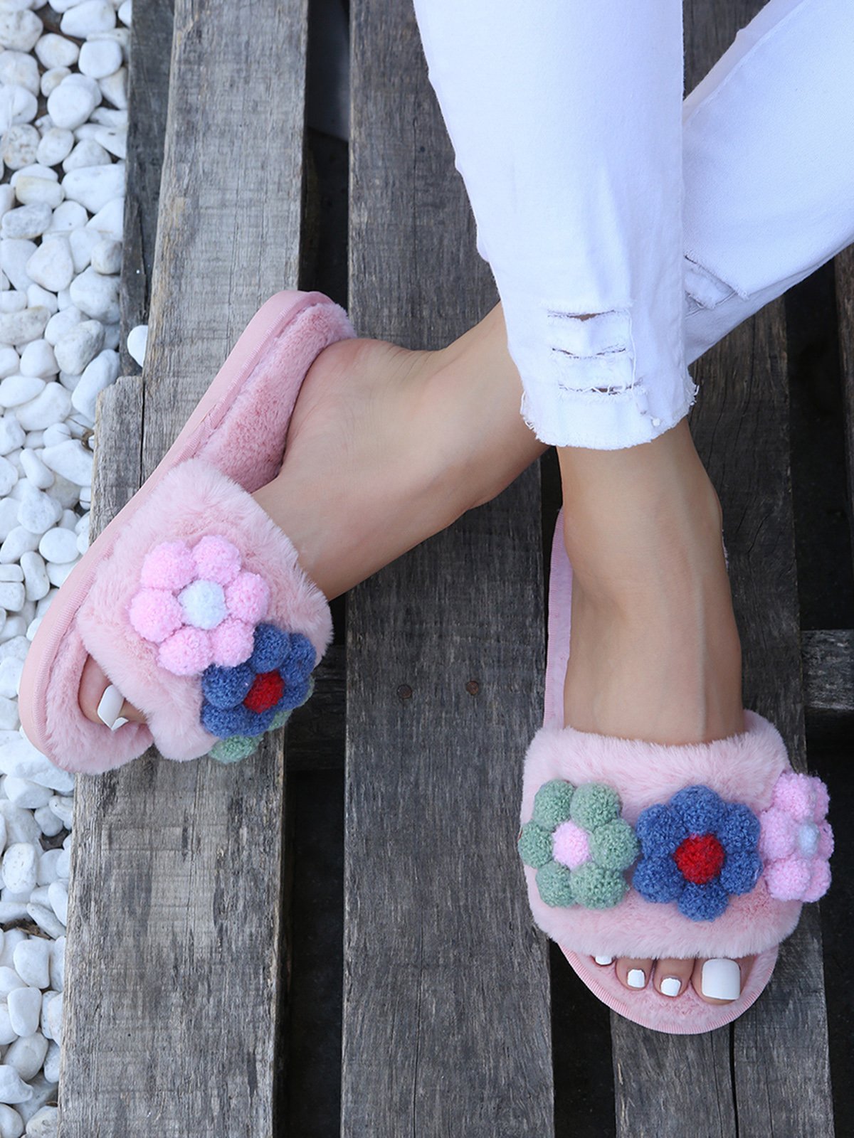 Cute Flowers Warm Faux Fur Indoor Slippers